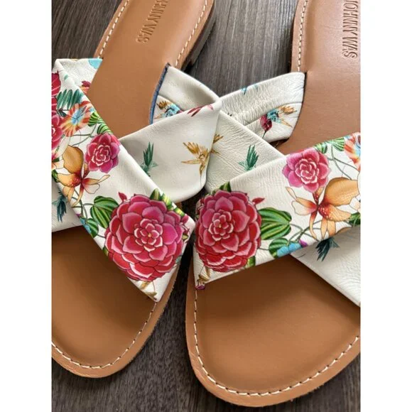 Johnny Was Sandal Andra Criss Cross‎ Leather Slip On Floral Sandals Size 10 Boho